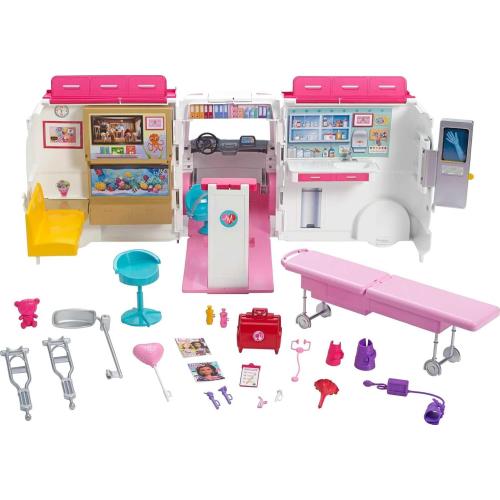 ​​​Barbie Playset with 20  Accessories, Emergency Vehi​​cle Transforms into 2  Foot Hospital with Lights and Sounds, Care Clinic​​​​​​​​