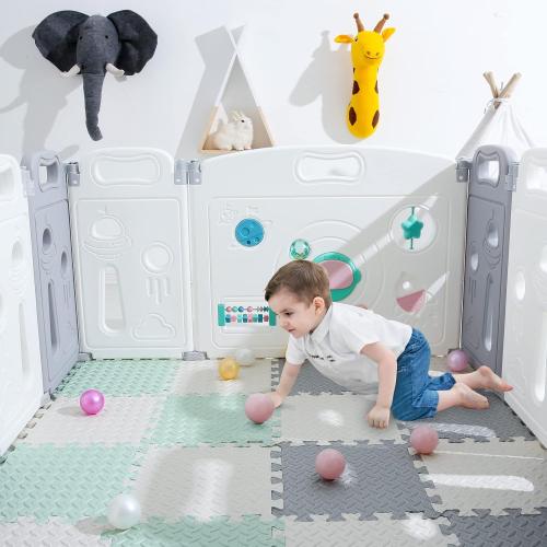 Foam Floor Mats for Kids, 12 x 12 Inch 16 Tiles 0.4 Thickness Foam Play Mat, Non-Toxic Square Interlocking Floor Mats Rubber Baby Play Mat for Toddlers(White/Gray/Bean Green)