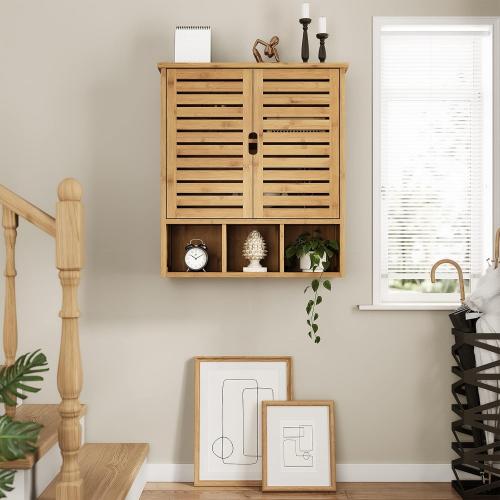 Bathroom Wall Storage Cabinet, Bamboo Medicine Cabinet with Doors and Adjustable Shelves, Bathroom Medicine Cabinet Wall Mount, Wall Mounted Over-the-Toilet Storage Cabinet