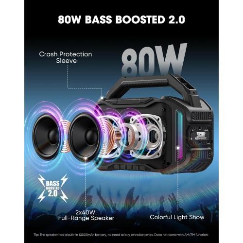 Speakers Bluetooth Wireless: 80W(Peak) Loud Speaker with Bass, 20H Playtime, IPX6 Waterproof, Large Jobsite Speakers for Work, Outdoor, Workshop, Garage, Portable Speaker with TWS (Black)