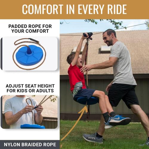 Hyponix Zip Line Kit for Kids & Adults 65' Backyard Zipline for Outdoor — 350lb Capacity, 1/4 Stainless Steel Cable, 7.5' Spring Brake, Ratchet System, Cushioned Seat, Gifts for Kids
