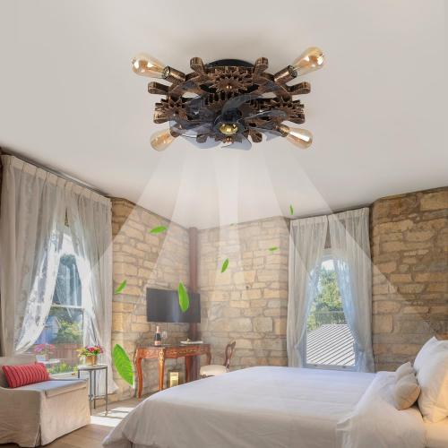 18.9 Vintage Industrial Small Ceiling Fans with Lights and Remote,Wooden Rudder Low Profile Fandelier Ceiling Fan with Light,Flush Mount Bladeless Ceiling Fan for Kitchen,Bedroom,Cafe Bar