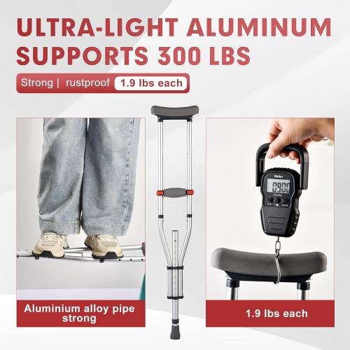 Aluminum Underarm Crutches for Adults & Seniors, Adjustable Height 38.2-61.8 in (16 Levels), Lightweight 2.0 lb Each, 300 lb per Pair, Non-Slip Tips, Tool-Free Setup, Push-Pin Locking