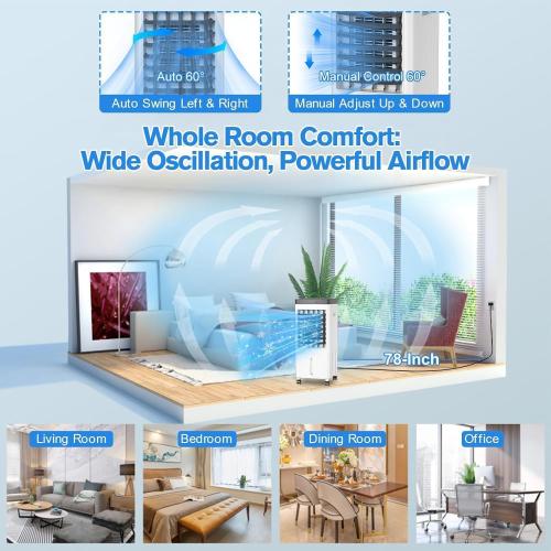 Evaporative Air Cooler, Swamp Cooler with 3 Gal Water Tank, 20H Cooling Time Swamp Cooler Air Conditioner, 80°oscillation,Portable Cooling Fan for Office/Room/Garage/Kitchen