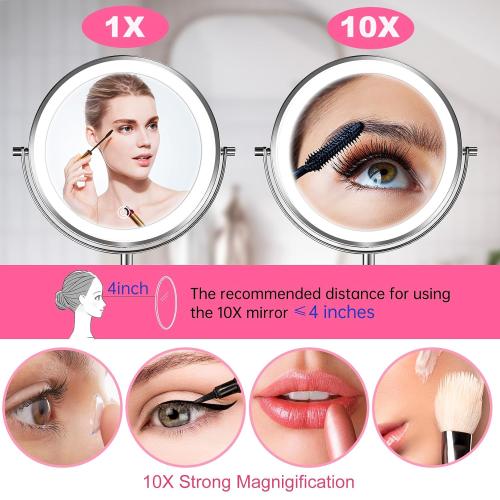 LOVESPEJO Makeup Mirror, 8 Rechargeable Magnifying Mirror with Light, 1x/10x 360°Rotation Touchscreen Lighted Makeup Mirror, 3 Colors Brightness Adjustable Vanity Mirror，Brushed Nickel