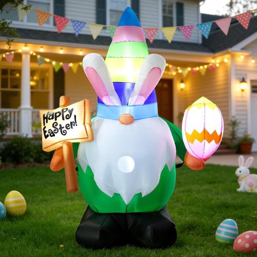 Dawdix 4.6 FT Easter Inflatable Gnome Outdoor Decoration, Blow Up Rabbit Gnome Holding Eggs with Built-in LEDs for Lawn Yard Garden Decor