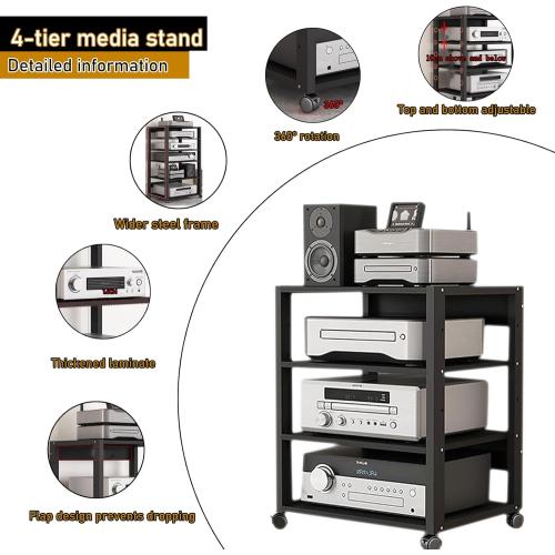 4 Tier Audio Rack Tower, CD Record Player Stereo Receiver AV Equipment Cabinet Display Rack, Weight Capacity 661 lbs, with Adjustable Wooden Shelves for Home (4 Tier Black)