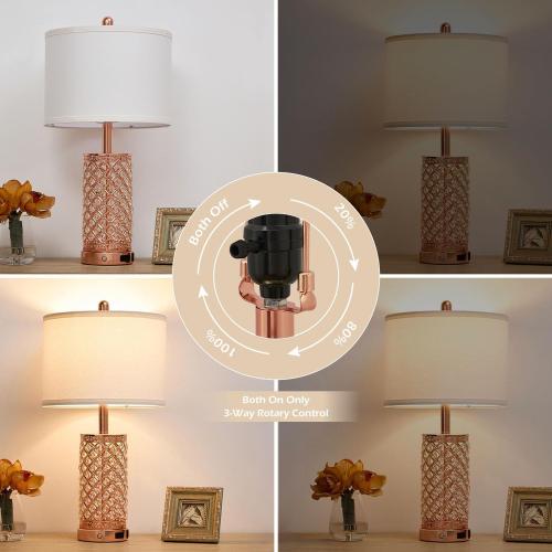 Crystal Table Lamps Modern 3-Way Dimmable Bedside Lamp with 2 USB Ports & AC Outlets for Living Room Bedroom Nightstand Lamp Night Light (Rose Gold-2 Pack 24In)