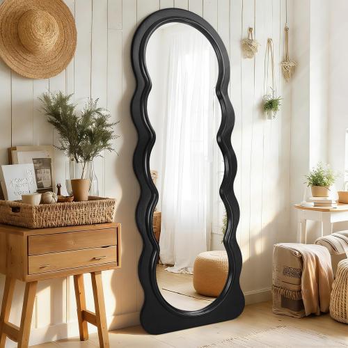 JJUUYOU Full Length Mirror Wavy Wood Framed Floor Mirror,Black Irregular Large Wall Mirrors 63x24 Decorative for Bedroom Living Room Entryway Bathroom Dressing Room Hanging