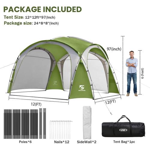 UNICAMPER Beach Tent 12 X 12ft Large UPF50  Pop Up Canopy with 2-Pcs Side Wall, Sun Shelter Rainproof, Waterproof for Camping Trips, Backyard Fun, Fishing, Parties, Or Picnics(Green)