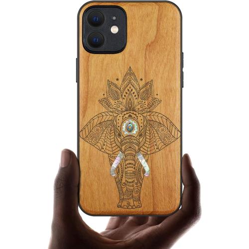 Carveit Designer Wooden Protective Case for iPhone 12 Magnetic Cover [Wood Engraving & Shell Inlay] Wood Phone Case Compatible with iPhone 12 MagSafe 6.1 Inch (Elephant-Cherry)