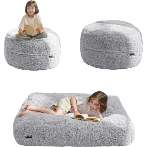 Grey MAXYOYO Bean Bag Chair Bed for Kids, Plush Convertible Bean Bag Folds from Lazy Chair to Floor Mattress Bed, Stuffed Floor Sofa Couch for Boys and Girls, Machine Washable