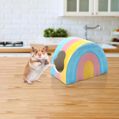 Ceramic Hamster Hideaway Colorful Rainbow House with Double Doors Mini Hut Sleeping Nest Hideout Cave Cage Accessories Small Animal Habitat Decor for Dwarf Hamsters Hedgehog (5.23 × 3.26 × 3.26 Inch)