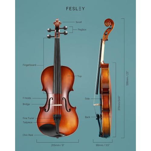 Fesley 4/4 Violin Fiddle Full Set: Matt Violin Kit for Beginners, Acoustic Violin with Hard Case, Solidwood Hand Made Starter Kit with Bow, Shoulder Rest, Tuner, Extra Strings