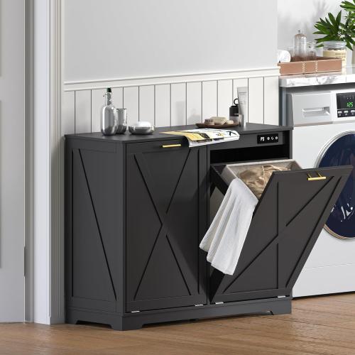 Color Black Tilt Out Trash Can Cabinet for 2 Bins, Hidden Recycle Garbage Bin Enclosure, Wooden Double Laundry Cabinet with Odor Control, Negative Ion & Ozone, for Kitchen, Bathroom, Laundry Room