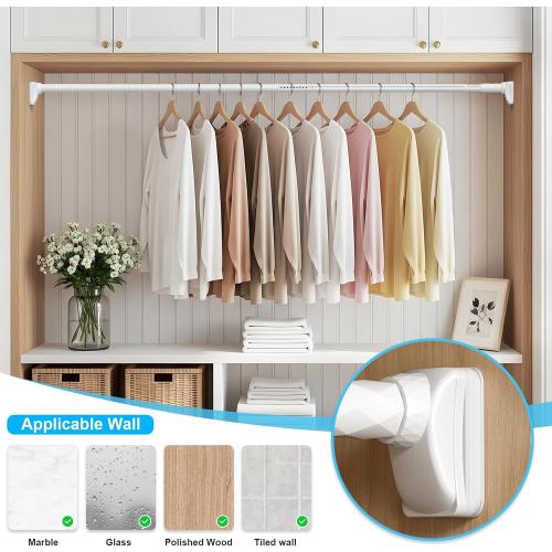 Closet Rods For Hanging Clothes,41-126 In(3-10ft) Extra Long Tension Rod For Closet,Adjustable Rod Without Drilling 33lb Heavy Duty Closet Rods Diameter 1.26in-One-Bond Stretching,White