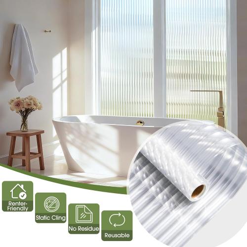 Beautyhero Reeded Glass Window Film, 3D Fluted Glass Window Privacy Film with Tools Kit, Non-Adhesive Static Cling Decorative Coverings for Home Bathroom Shower Door, Cabinet & Rental, 23.6 x 78.7''