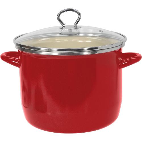 Vasconia Stock Pot with Lid 12 Quart Enameled Steel Red | Dishwasher safe, Batch cooking ready, Induction ready, Enameled steel, Even heat cooking, Easy clean, Made in Mexico