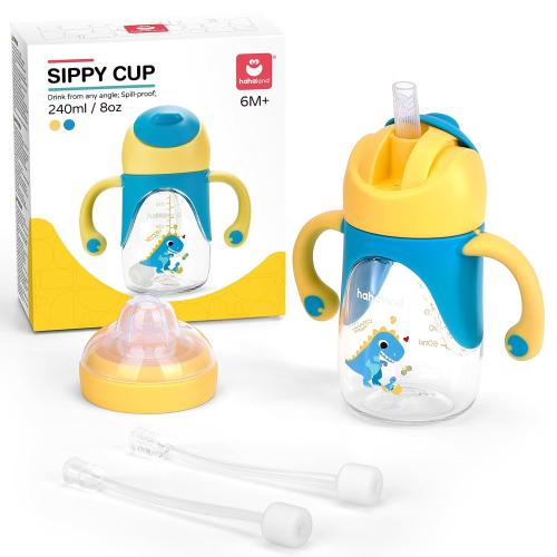 hahaland Sippy Cup for 6  Month Old - 2 in 1 Spout & Straw Sippy Cups for Toddlers 1-3 No Spill Transition Weighted Straw Toddler Cups - 1 Cup with 2 Nipples