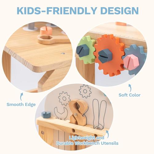 Toywood Large Wooden Play Tool Workbench Set for Kids Toddlers, Construction Workshop Tool Bench Toys Gift, Multicolor