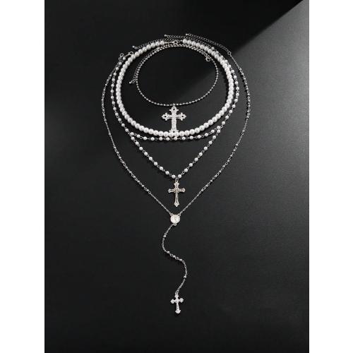 Silver Layered Cross Necklace Set For Women, 4Pcs Pearl Rosary Choker Chunky Christian Pendant Vintage Long Y Gold Necklace Stack Religious Statement Boho Gothic Adjustable Jewelry Gift