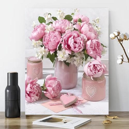 MaiMMaledy Paint by Numbers Kit for Adults Beginners Canvas Pictures with Framed Drawing Painting with Wooden Triangle Easel Pink Flowers *missing paint*