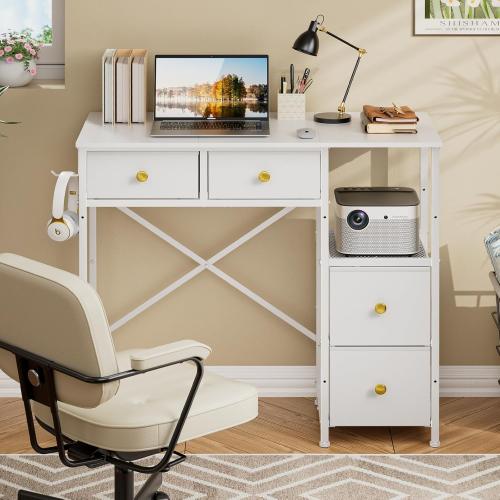 White 33.5Inch Small Computer Desk with 4 Fabric Drawers, Simple Writing Desk for Home Office, Compact Study Desks for Small Spaces, Kids Desk Study for Bedroom, White