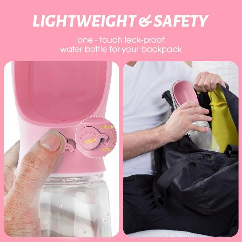 Kalimdor Dog Water Bottle, Leak Proof Portable Puppy Water Dispenser with Drinking Feeder for Pets Outdoor Walking, Hiking, Travel, Food Grade Plastic (19oz Pink)