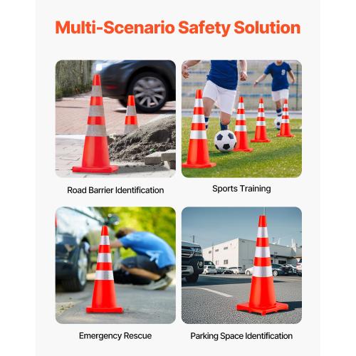 VEVOR Safety Cones, 6 x 36 Traffic Cones, PVC Orange Construction Cones, Reflective Collars Traffic Cones with Weighted Base Used for Traffic Control, Driveway Road Parking and School Improvement