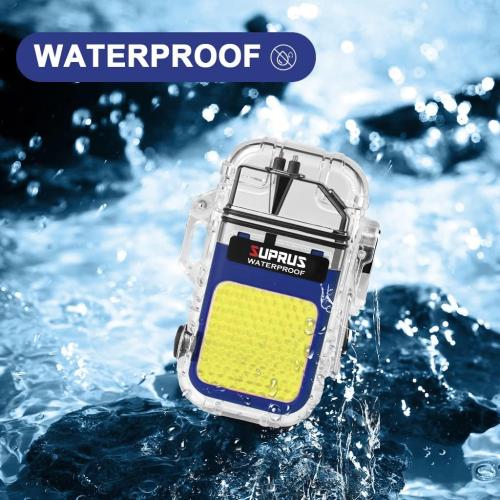 SUPRUS Waterproof 3 Modes of Flashlight Windproof Lighter Dual Arc Electric Rechargeable Dual Arc Plasma Lighter with Survival Emergency Whistle and Lanyard (Blue)