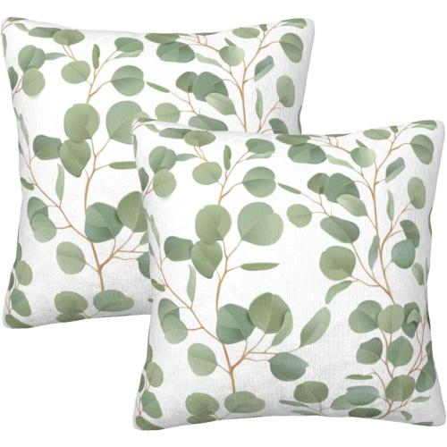 Spring Sage Green Leaf Pillow Covers 18x18 Inch Set of 2 Eucalyptus Floral Watercolor Throw Pillow Cover Grey Seafoam Leaves Square Pillowcase Cushion Cases for Home Couch Bed Sofa