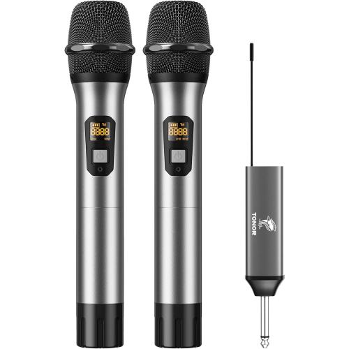 TONOR Wireless Microphones, 60 m/200ft UHF Dual Cordless Metal Dynamic Mic System with Receiver, Microfonos Inalambricos Professional for Karaoke Singing, Wedding, Party, Speech, Church, TW630 Silver