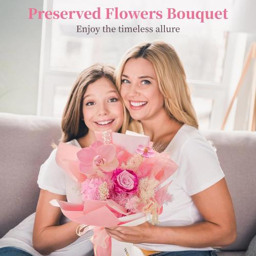 Color Pink Preserved Flowers Bouquet for Women, Eternal Flower Bouquet in Present Box, Real Dried Rose for Valentine's, Birthday, Graduation, Pink-White Mix with Card