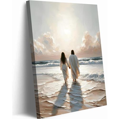 Jesus Canvas Wall Art Jesus Woman Walking on Water Wall decor pictures Religious Coastal Painting Christian poster prints for living room bedroom Home Decoration Ready to hang (24inx36in Canvas)