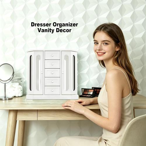 RR ROUND RICH DESIGN Vintage Jewelry Armoire with Mirror White | Solid Wood Jewelry Box Organizer with 5 Drawers & 2 Glass Doors - Large Capacity Desktop Dresser Case