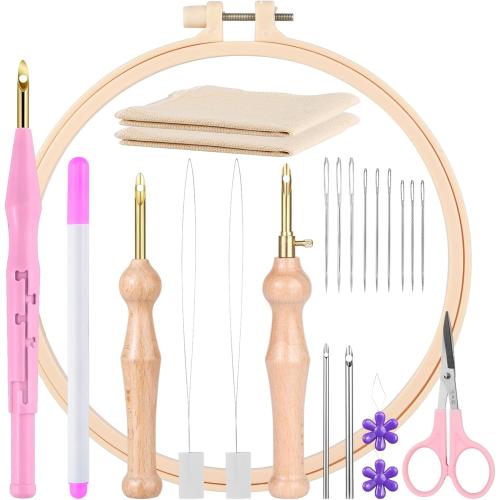 MSDADA  Punch Needle Kit, Adjustable Punch Needle Tool, Wooden Handle Embroidery Pen Kits, Hoops, Cloth, Punch Needle Set Adults Beginner for DIY Craft, Perfect for Decoration and Gifts（Pink）