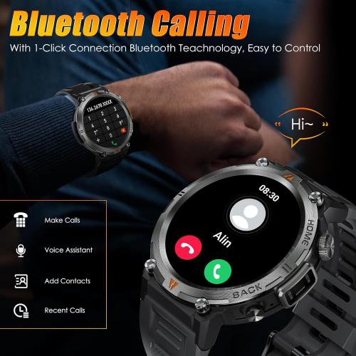 EIGIIS Military Smart Watch for Men Tactical Rugged with Bluetooth Call Flashlight 1.45'' Big Screen Fitness Tracker Heart Rate Sleep Monitor Waterproof Sports Smartwatch iPhone Android Black