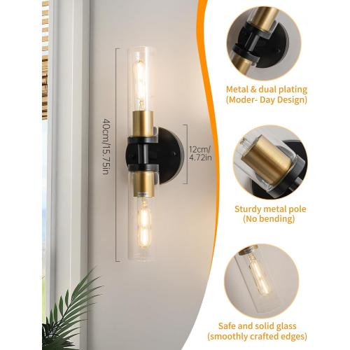 KSRYSZCQ Wall Sconces Set of Two Black and Gold Bathroom Wall Sconce with Clear Glass 15.75 Modern Wall Sconces for Bathroom Living Room Hallway Bedroom Kitchen