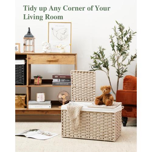 SETVSON Storage Basket with Lid Rattan Woven Storage Baskets with 2 Separate Lids, 17.2 Gallon (65 L) Wicker Storage Bins Foldable 2 Removable Liner Bags Handles for Bedroom, Laundry Room Light Khaki