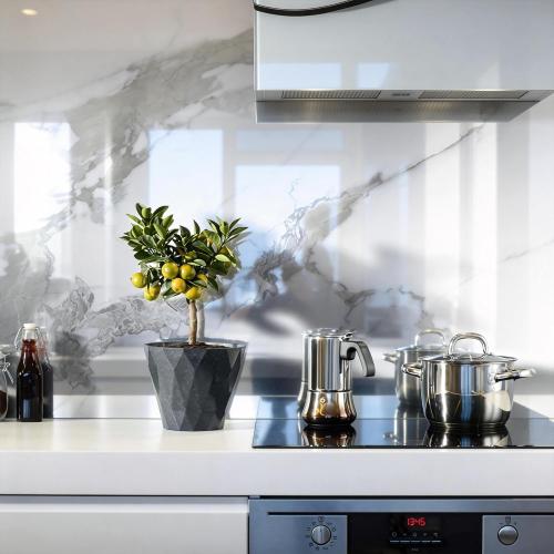 Marble Peel and Stick Waterproof Wall Paneling, Carrara White Glossy Finish Self-Adhesive Backsplash Tile Vinyl Wall Panel for Kitchen Bathroom Wall Decor,