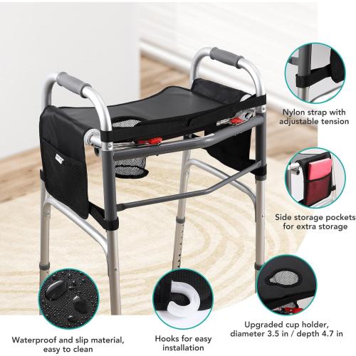 Hook-On Walker Tray, Cup Holder & Tool Free Quick Assembly, Non Slip Mobility Table for Seniors, Multi Functional Removable Tray, Portable Multipurpose Walker Accessories