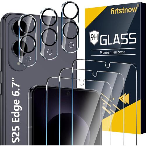 3 Pack for Samsung Galaxy S25 Edge Screen Protector Tempered Glass   3 Pack Camera Lens Protector, Military Grade Shatterproof, 9H Hardness, Fingerprint Unlock, Case Friendly 6.7 Inch
