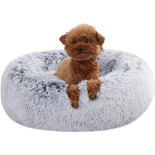 Amazon Basics Washable Donut Pet Bolster Faux Fur Bed with Removable Cover, Anti-Slip Bottom for Dog, Grey, 23 x 23