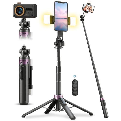 53'' Selfie Stick Tripod with Light, Enhanced 4-Leg Cell Phone Stand Camera Tripod with Rechargeable Wireless Remote & 2 Fill Light, Portable Selfie Stick Travel Essentials for iPhone Android
