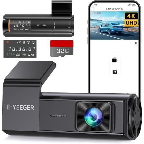 Dash Cam 4K WiFi Front Dash Camera for Cars, E-YEEGER Car Camera 2160P Wireless Mini Dashcams with App, Driving Recorder with 24H Parking Mode, Night Vision, G-Sensor, Free 32G Card, Support 256G Max