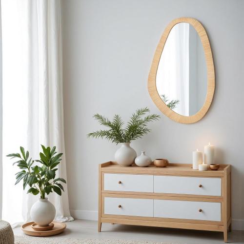 Rattan Mirror for Wall,30.5'' x 19.5 Wooden Framed Farmhouse Boho Wicker Coastal Irregular Vanity Mirror for Bathroom Living Room Entryway