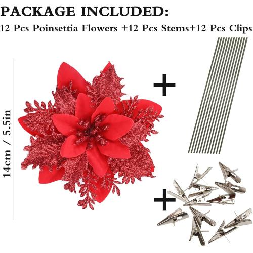 GREENTIME 12 Pcs Glitter Poinsettia 5.5 Artificial Flowers Christmas with Clips Stems Xmas Tree Ornaments for New Year Party Stairs Fireplace Porch Balcony Garden Church Wreath Decoration (Red)