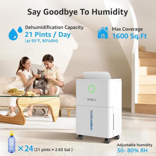 WHITE 1600 sq.ft Dehumidifier for Basement, 21 Pint Dehumidifiers for Home with Drain Hose, Continuous Drainage, Washable Filter, Intelligent Humidistat for Bedroom, Bathroom, Large Room