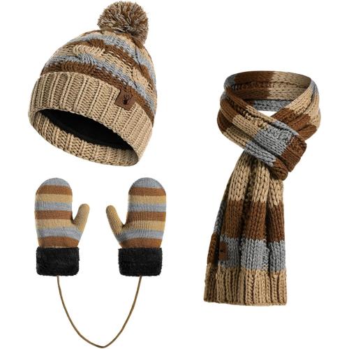 Boys Winter Hat Scarf and Gloves Set for Kids Warm Knitted Hat Mittens and Fleece Neck Warmer Scarf Set for Boys Girls 3pcs