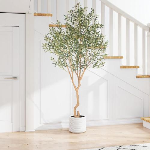 Tall Faux Olive Tree，8ft（96in） Realistic Potted Silk Artificial Olive Tree， Fake Olive Trees Indoor with Green Leaves and Big Fruits for Home Office Living Room Stairs Patio Decor.